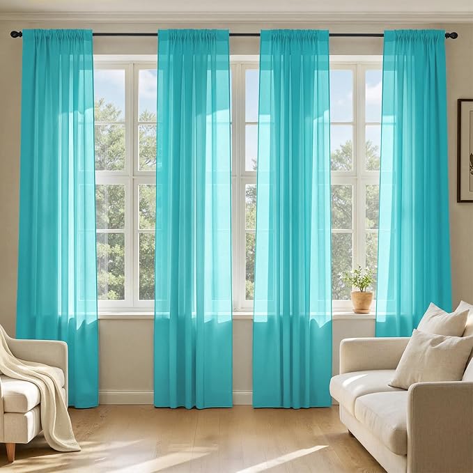 MIULEE Turquoise Sheer Curtains 90 Inches Long 4 Panels 42 x 90 Inches | Light by MIULEE