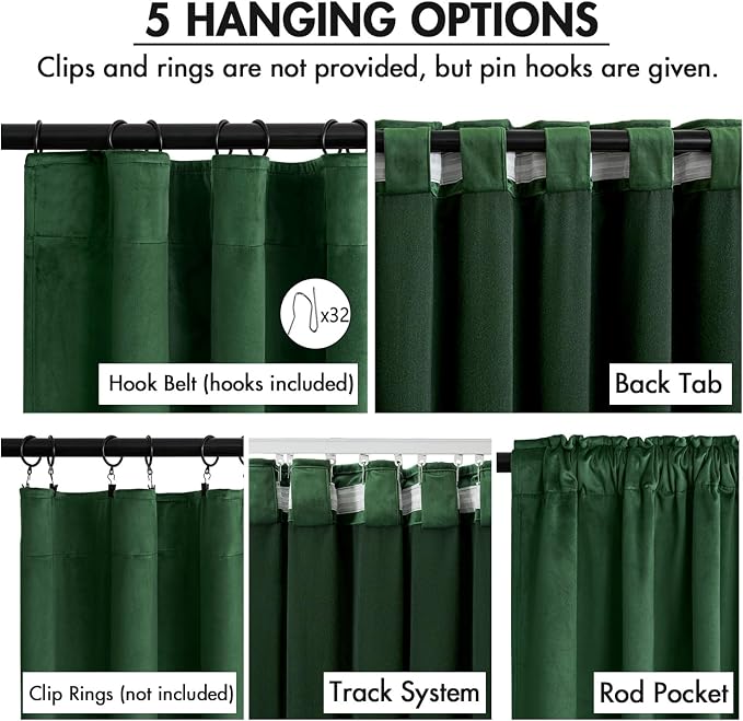 MIULEE Velvet Curtains 50W x 90L 2 Panels Hunter Green Blackout Curtains | - Image 2