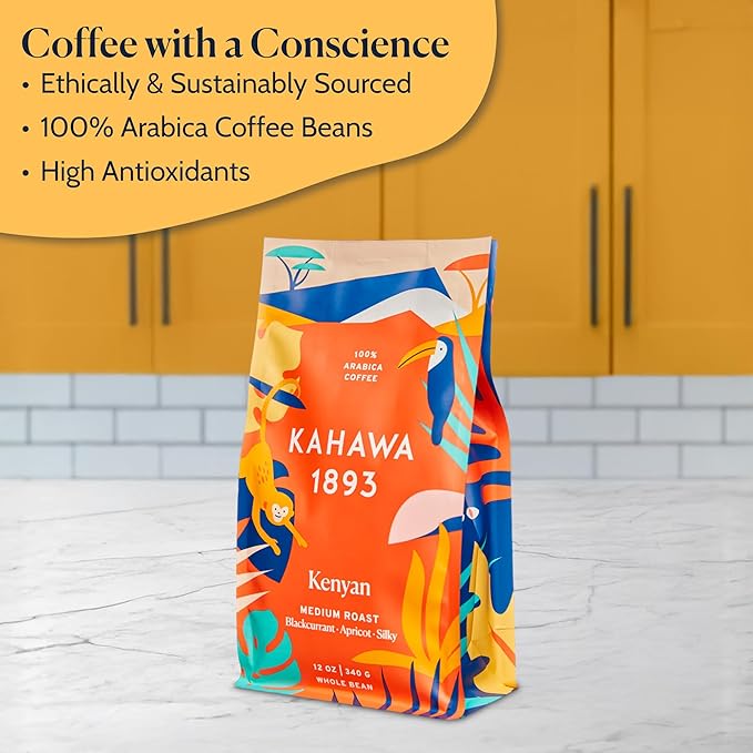 Kahawa 1893 Whole Bean Coffee Medium Roast Kenyan Blend 24 Oz - As Seen on Shark Tank, High Antioxidants, Naturally Sweet, Organically Grown, Ethically & Sustainably Sourced