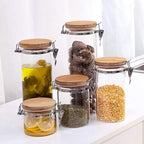 Set of 5 Borosilicate Glass Sugar Packet Holder Food Storage Jar Containers with Airtight Bamboo Clamp Lid, Airtight Canisters for Kitchen Bathroom and Pantry Organization, Cookie Jars for Flour