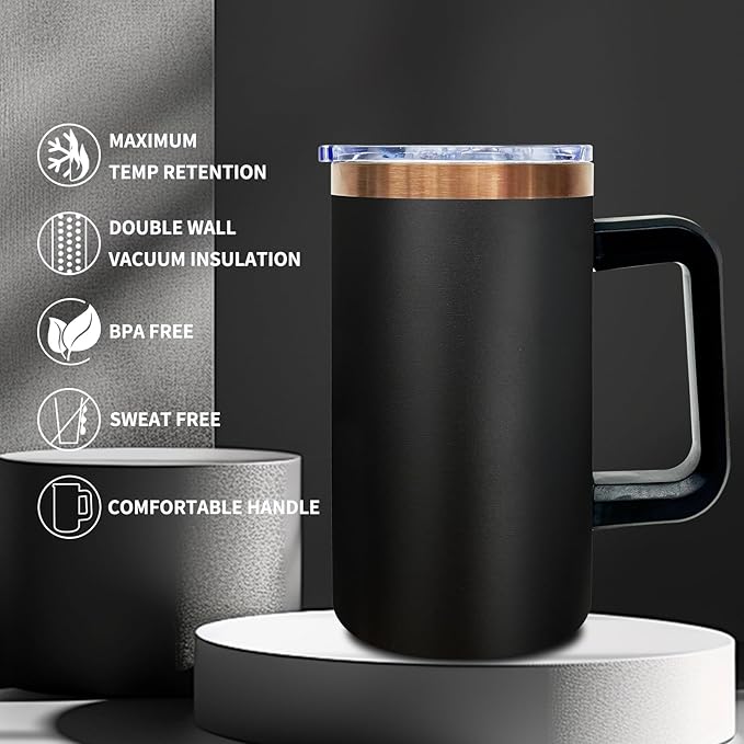 20 oz Insulated Coffee Mug with Lid, Stainless Steel Coffee Tumbler Bulk, Double Wall Vacuum Travel Mug with Handle, Leakproof Powder Coated Coffee Cups for Hot and Cold Drinks (Black,1 pack)