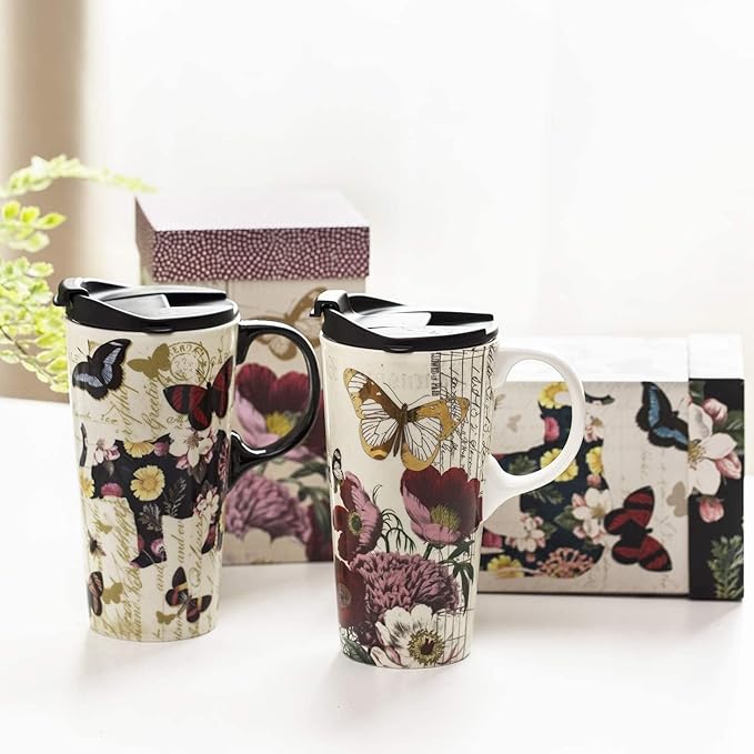 Topadorn Ceramic Travel Mug 17 oz. Coffee Latte Cup with Sealed Lid and Gift Box, Perfect for Coffee and Tea, 2 pack
