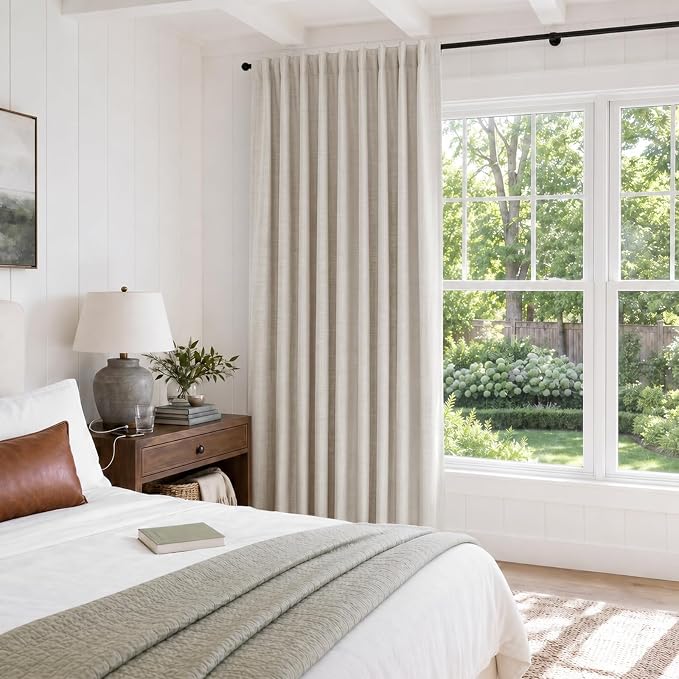 Linen Textured Total Blackout Sliding Door Curtains 90 Inches Long, Cream | - Image 5