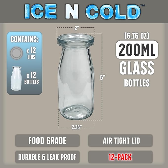 6.76 oz / 200ml Vintage Glass Bottle with Leakproof Clear Lid, Reusable & Eco-Friendly – Ideal for Milk, Juices, Smoothies, Infused Water, BPA-Free Glass Bottle (12-Pack)