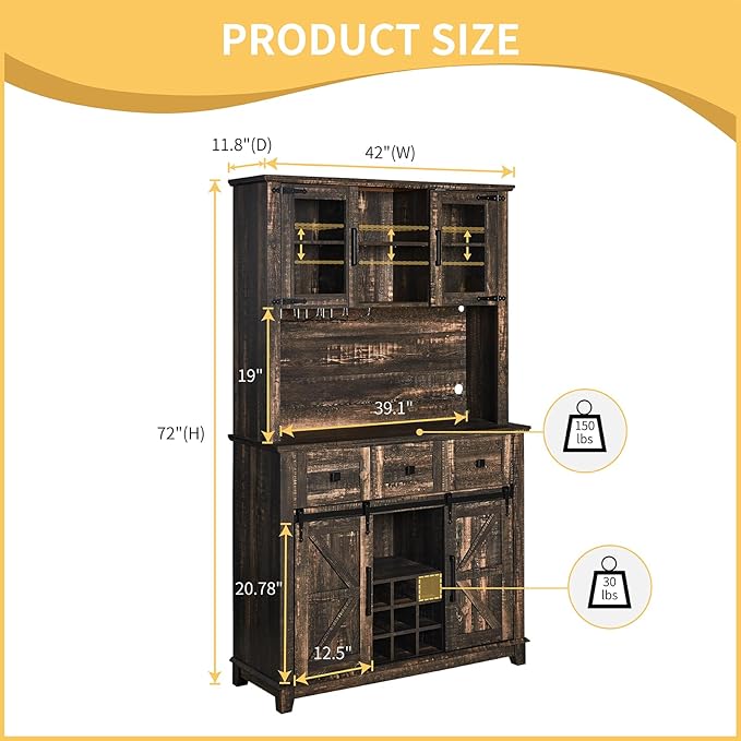 72" Coffee Bar Cabinet with Sliding Barn Door & LED Lights, Sideboard Buffet Cabinet with Wine Bottle Rack, 3 Drawers, Storage Cabinet for Kitchen, Dining Room, Dark Rustic Oak, DBC20B