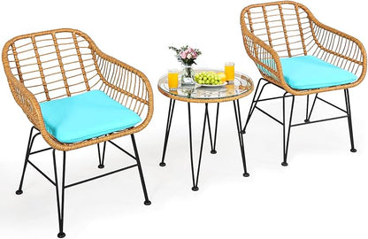 Tangkula 3 Pieces Patio Bistro Set, Rattan Conversation Set by TANGKULA
