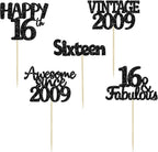Gyufise 30Pcs Vintage 2009 Cupcake Toppers Glitter Sweet 16 Happy 16th Birthday Cake Decorations for Happy 16th Birthday Fabulous Anniversary Party Supplies Black