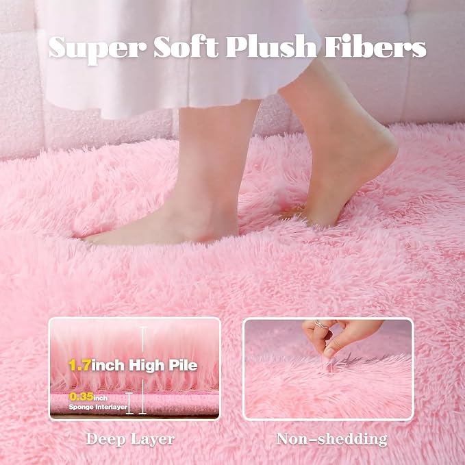 Pink Rugs for Bedroom Girls: 8x10 Fluffy Shag Soft Washable Rug Large Fuzzy - Image 2