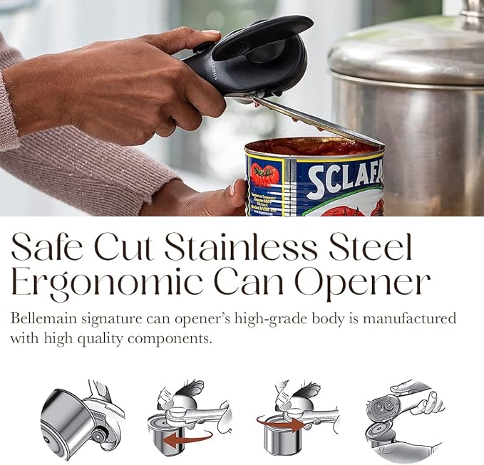 Bellemain Stainless Steel Can Opener – Manual Can Opener For seniors - Ergonomic Smooth edge Can Opener Hand Held Heavy Duty – Easy to use can opener safe cut