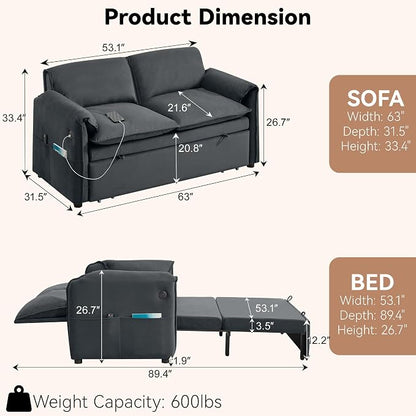 63" Velvet Convertible Sleeper Loveseat Sofa Bed, Pull Out Couch Bed - Image 2