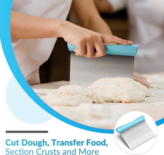 Rainspire Bench Scraper, Stainless Steel Dough Scraper, Pastry Scraper, Pizza and Dough Cutter Multi-Purpose Scraper/Chopper, Pizza Cutter Food Chopper Baking Supplies Kitchen Gadgets, Blue