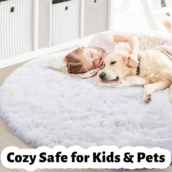 Amdrebio White Furry Round Circle Rug 6Ft - Image 4