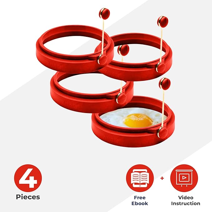 Professional 4 Inch Silicone Egg Ring, Pancake Mold Egg Mold for Breakfast Sandwiches, Omelets and More, Nonstick Ring, Round Blue (Pack of 4), Free e-Book by Abam (Red)