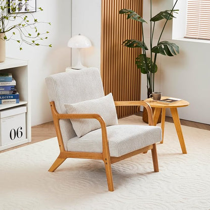 Mid-Century Modern Accent Chair Beige Rubberwood Frame Living Room Bedroom - Image 2