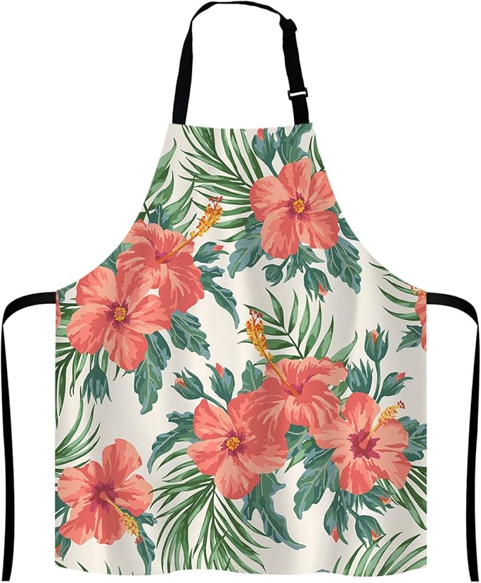 Tropical Leaves and Hawaiian Flower Bib Apron with Adjustable Neck for Men Women,Suitable for Home Kitchen Cooking Waitress Chef Grill Bistro Baking BBQ Cobbler Apron