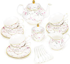 fanquare 21-Piece Gold Vine Floral Porcelain Tea Sets with Sugar Bowl Creamer Teacups, English Bone China Tea Service for Women TeaParty Family Gathering Home Décor