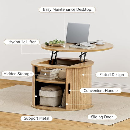 FABATO Round Lift Top Coffee Table, Fluted Wood Accent Coffee Table - Image 4