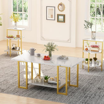 AWQM Faux Marble Table Set, Coffee Table & 2 Side Table, Faux Marble Tabletop - Image 3