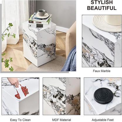 End Table, Side Table Living Room Table, Faux Marble Sofa Couch White Bedside - Image 4