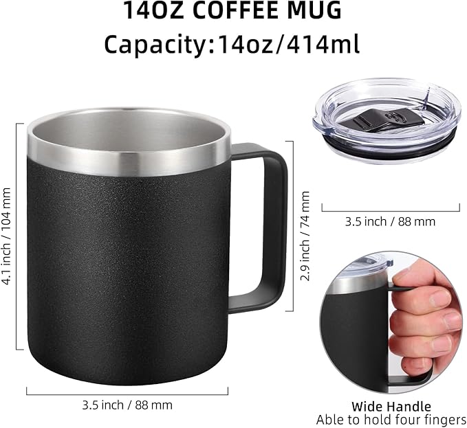 Volhoply 14oz Insulated Stainless Steel Coffee Mug with Lid Bulk 4 Pack,Double Wall Vacuum Travel Coffee Cup with Handle,Reusable Metal Cups Tumbler,Camping Mugs Keep Hot,Ideal Gifts(Black,4)