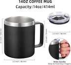 Volhoply 14oz Insulated Stainless Steel Coffee Mug with Lid Bulk 2 Pack,Double Wall Vacuum Travel Coffee Cup with Handle,Reusable Cups Tumbler,Camping Mugs Keep Hot,Ideal Gifts(Black,2 Set)