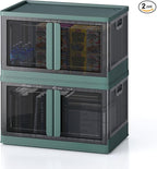 19Gal Collapsible Storage Bins with Lids & Wheels - 2 Pack Stackable with Doors, Heavy-Duty Plastic Containers for Home/Office, Green