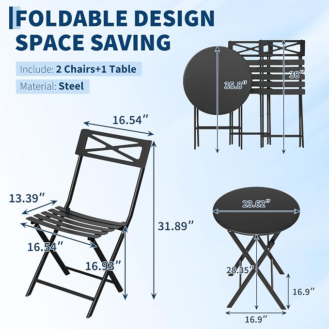 GarveeLife 3 Piece Patio Bistro Set, New Iron Outdoor Furniture Set, Metal - Image 2