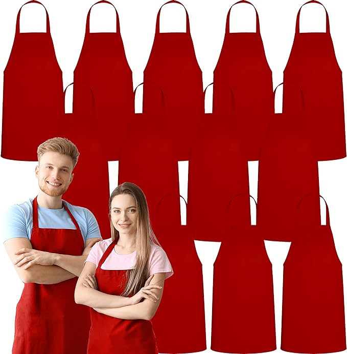 GREEN LIFESTYLE 12 Pack Bib Apron - Unisex Red Aprons, Machine Washable Aprons for Men and Women, Kitchen Cooking BBQ Aprons Bulk (Pack of 12, No Pockets, Red)