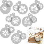 NAKLEO Coffee Stencils and Cookies Decoration 14Pcs 2.8”x2.8” and 4.3”x4.3”, Reusable Plastic Baking Templates, Flowers Rose Tulip, Barista DIY Art Craft, Capuccino Latte Chocolate Cake Biscuit