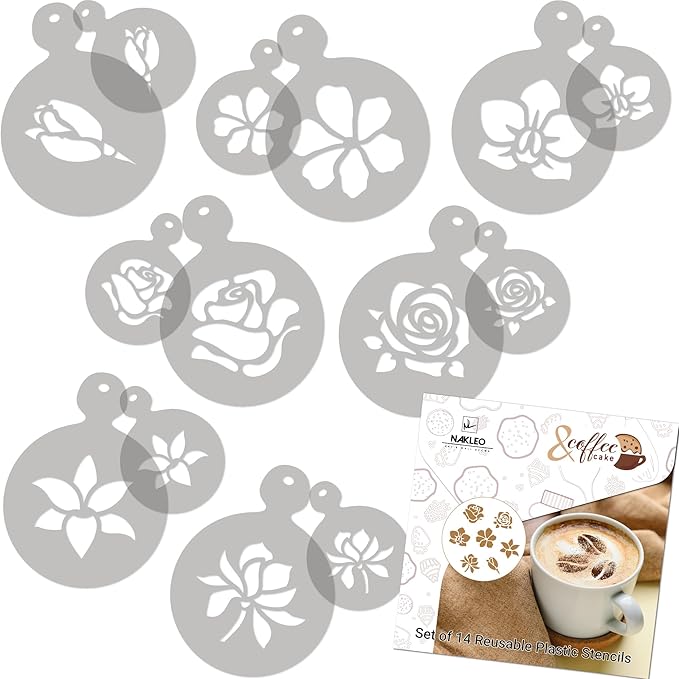 NAKLEO Coffee Stencils and Cookies Decoration 14Pcs 2.8”x2.8” and 4.3”x4.3”, Reusable Plastic Baking Templates, Flowers Rose Tulip, Barista DIY Art Craft, Capuccino Latte Chocolate Cake Biscuit