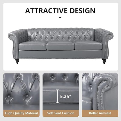 Mid-Century 3 Seater Sofa, Faux Leather Couch - Image 5