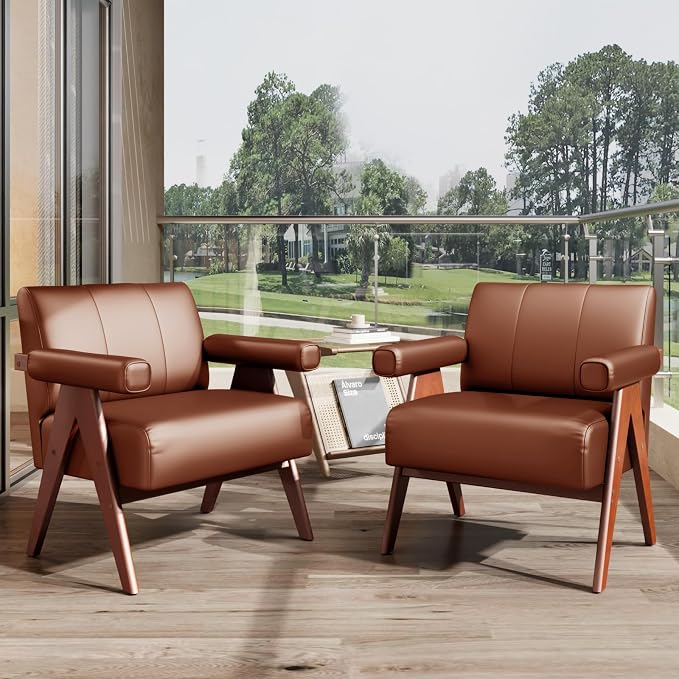 STHOUYN Brown Leather Accent Chairs Set of 2, Mid Century Modern Chair Set of 2 - Image 9