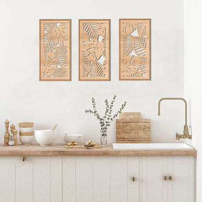 IARTTOP Tropical leaf Wood Wall Decor Framed Palm Monstera Leaves Wooden Wall - Image 3