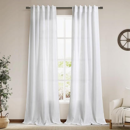 Linen White Curtains 108 Inches Long 2 Panels Set Back Tab Rod Pocket Semi by Nanspring