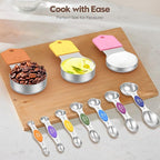 Magnetic Measuring Cups and Spoons Set - 304 Stainless Steel | Dual-sided Design | Set of 15 with Leveler | Strong N52 Magnetic Nesting Design | for Dry & Liquid Ingredients (Colorful)