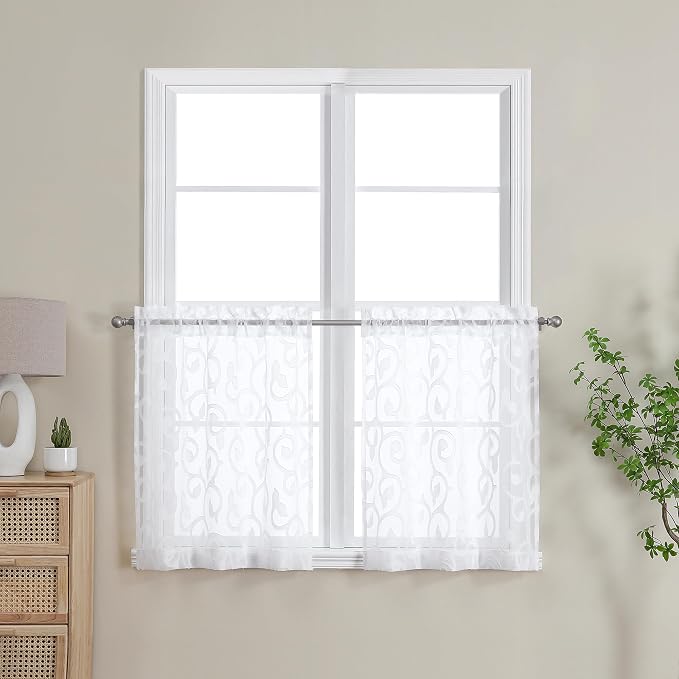Furman Sheer White Curtains 24 Inch Length 2 Panels Set, Elegant Geometric - Image 2