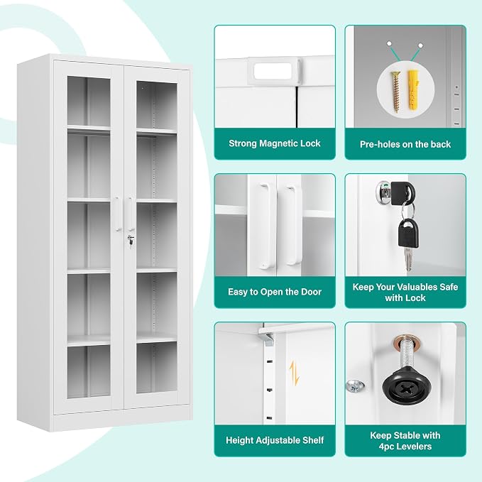 Metal Storage Cabinet with Lock and Glass Doors, Locking Curio Cabinets with 5 - Image 5