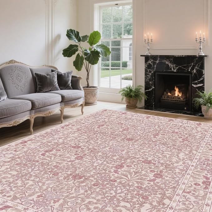 Vintage Pink Living Room Rug, 5x7 Washable Area Rugs - Image 2