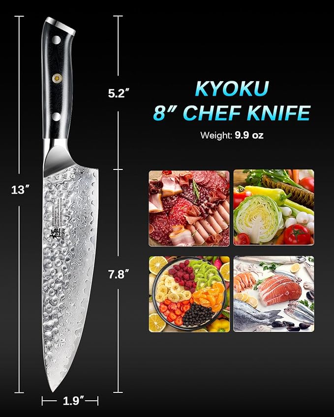 KYOKU Gin Series Chef Knife, 8" All Purpose Kitchen Knife, Japanese VG10 Damascus Stainless Steel Knife with Silver Ion Blade G10 Handle Mosaic Pin, Professional Knife for Meat Fruit Vegetables