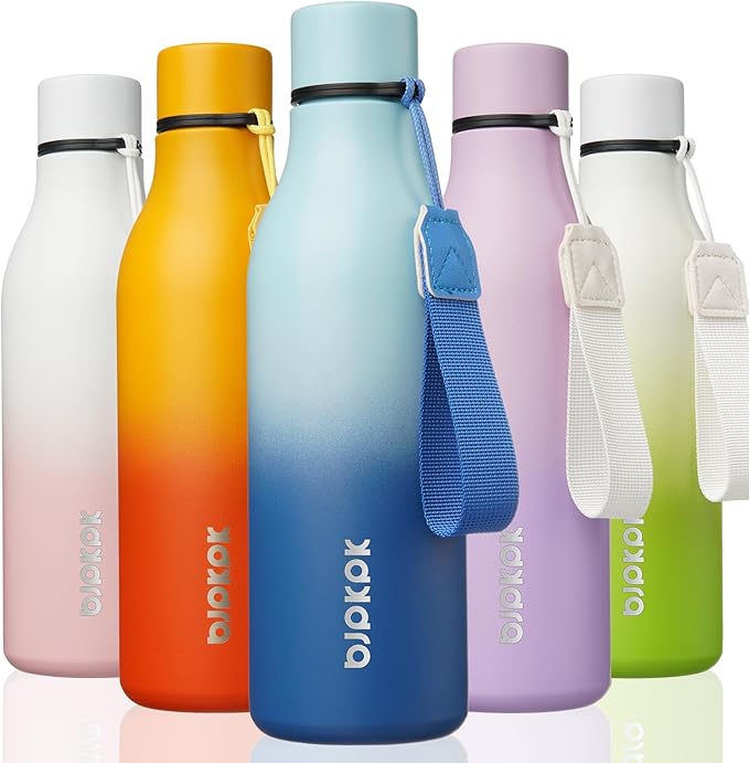 BJPKPK Insulated Water Bottles, 18 oz Stainless Steel Metal Water Bottle with Strap, BPA Free Leak Proof Thermos, Mugs, Flasks, Reusable Water Bottle for Sports & Travel, Sky