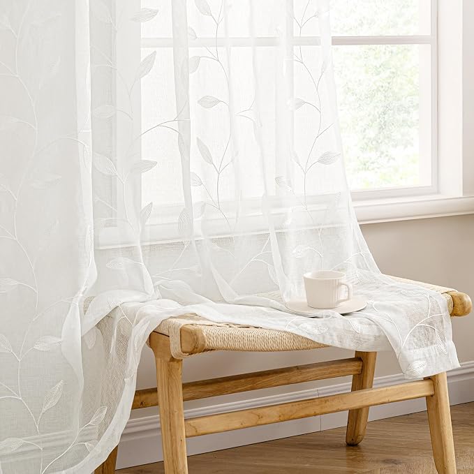 MIULEE Ivory Sheer Kitchen Curtains 30x36 Inches Length 2 Panels Embroidered - Image 2