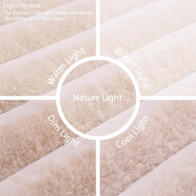 Creamy White Rabbit Striped Plush Rug 8'x10', Fluffy Faux Fur Shaggy Area Rug - Image 7