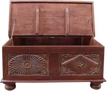18 Inch Tall Vintage Trunk Storage Coffee Table | Rectangle Solid Wood Chest - Image 6