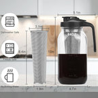 Cold Brew Coffee Maker Pitcher, 64oz Iced Coffee Tea Pitcher for Fridge with Stainless Steel Filter, 1/2 Gallon Glass Mason Jar Cold Brew Maker with Pour Spout Lid, Drying Mat, 2 Brushes, Leak-Proof