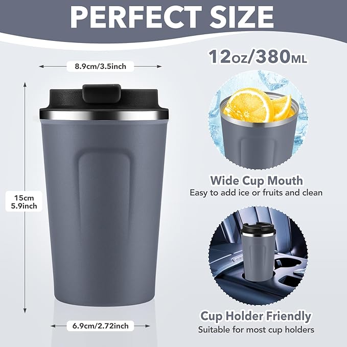 Volhoply 12 oz Double Wall Insulated Vacuum Travel Coffee Mugs with Flip Lid Bulk 2 Pack,Reusable Stainless Steel Leak Proof Coffee Cup,Portable Cafe Thermal Tumbler for Hot & Cold Drinks(Gray,2 Set)
