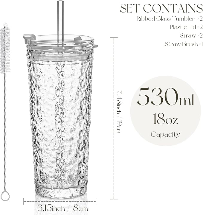 KEMORELA Glass Tumblers with Lids and Straws – Set of 2, 18oz Premium Quality Drinking Glasses, Ideal for Juices, Cocktails, and Everyday Use