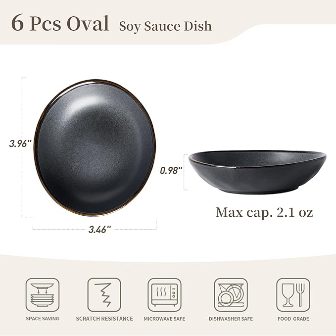 famiware Ocean Soy Sauce Dishes of 6, Oval Dipping Sauce Cups/Bowls for Kitchen, 2.1oz Ceramic Small Bowls for Side Dish, Appetizers, Snacks, and Sushi, Reactive Glaze, Dishwasher Safe, Matte Black
