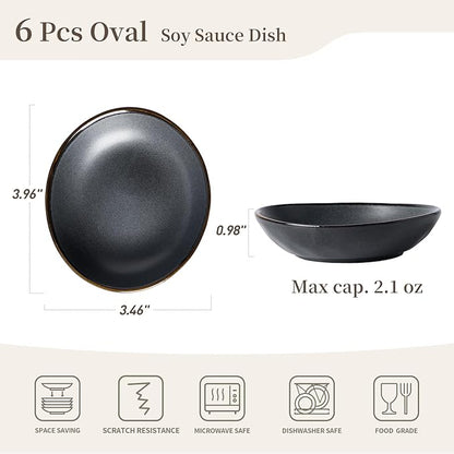 famiware Ocean Soy Sauce Dishes of 6, Oval Dipping Sauce Cups/Bowls for Kitchen, 2.1oz Ceramic Small Bowls for Side Dish, Appetizers, Snacks, and Sushi, Reactive Glaze, Dishwasher Safe, Matte Black