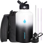SENDESTAR Water Bottle 64oz Double Wall Vacuum Insulated Leak Proof Stainless Steel Sports Water Bottle—Wide Mouth with New Flex Straw Lid & Spout Lid (Day&Night)