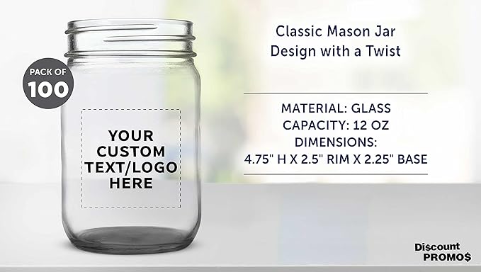 DISCOUNT PROMOS Custom Decorating Mason Jars 12 oz. Set of 100, Personalized Bulk Pack - Glass Jars for Overnight Oats, Candies, Fruits, Pickles, Spices, Beverages - Black